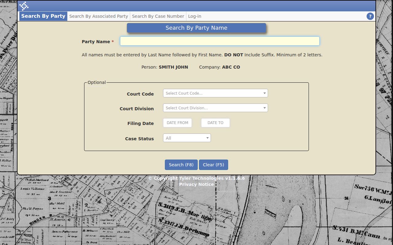 Newton County case search party name and division fields