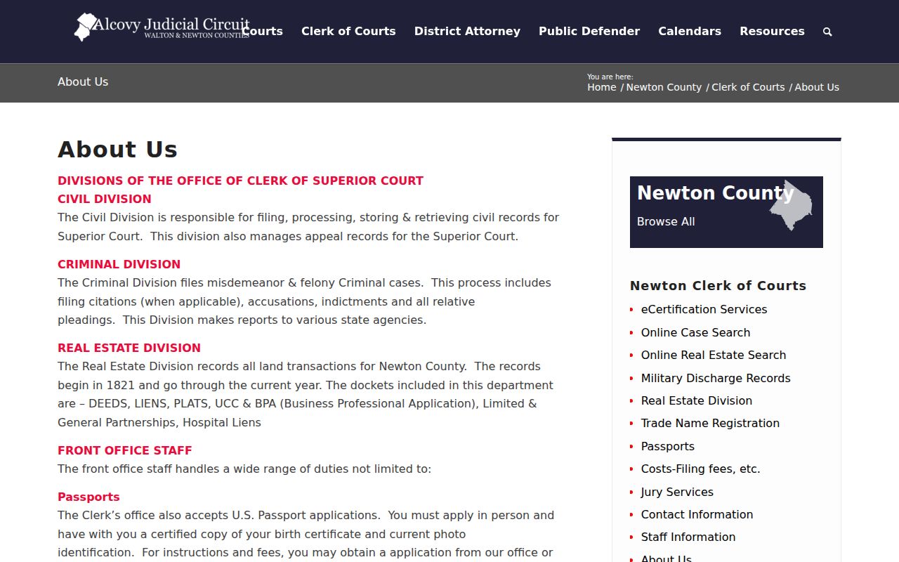 Newton Clerk page describing civil criminal and real estate divisions