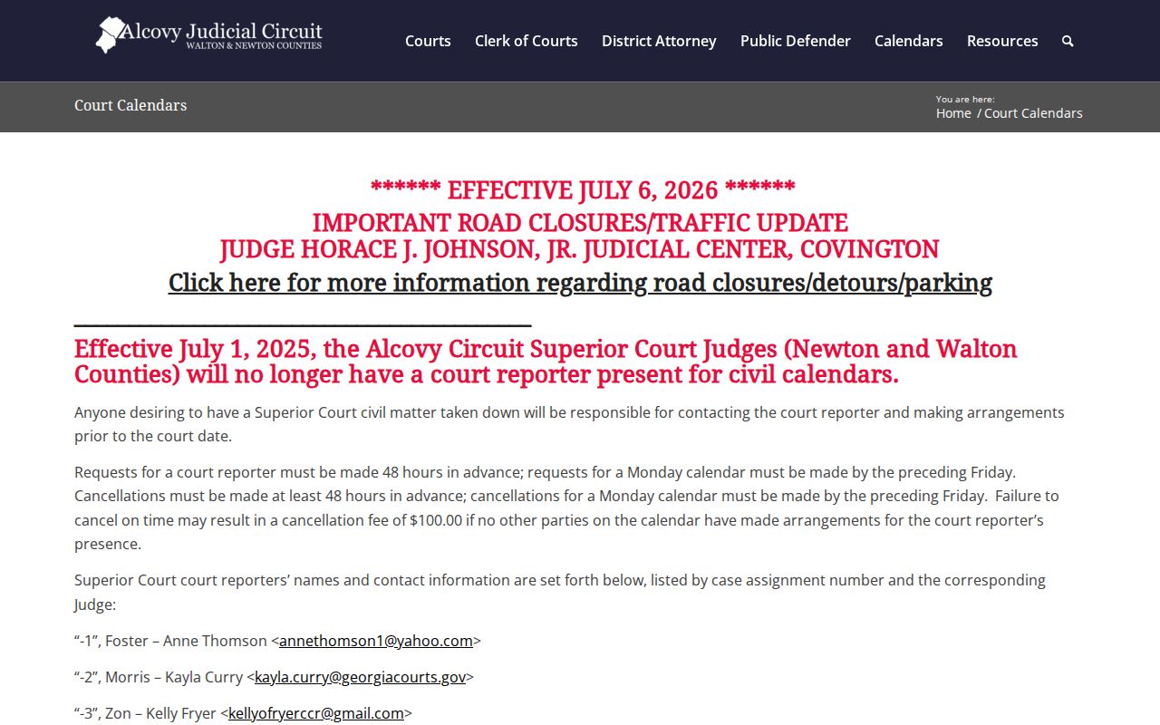 Alcovy calendar hub with Newton calendar links and reporter notice