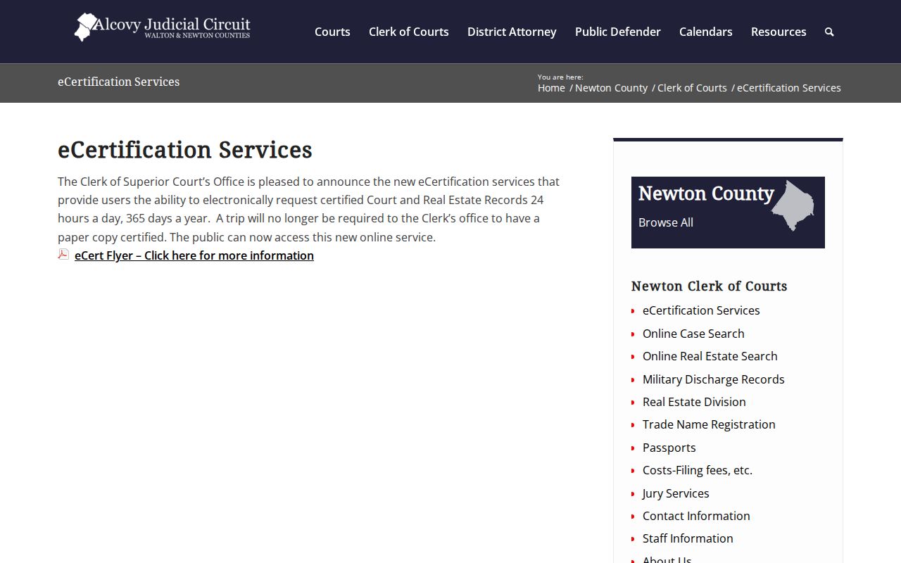 Newton County court records eCertification entry page