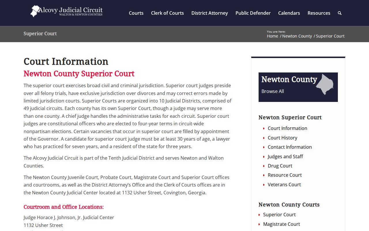 Newton Superior Court page with judicial center and criminal calendar information
