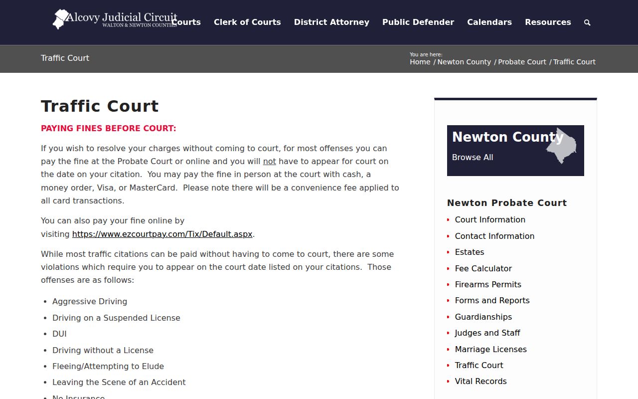 Newton County traffic court appearance and payment directions